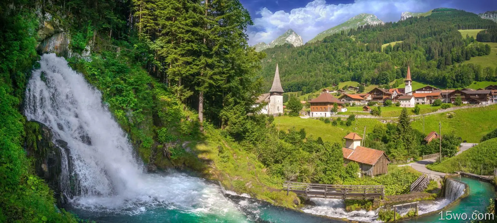 瑞士，村庄，瀑布，jaunbach河，教堂