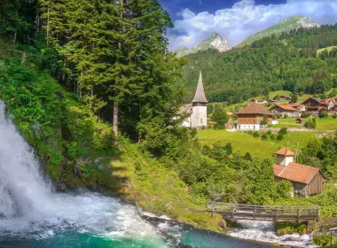 瑞士，村庄，瀑布，jaunbach河，教堂 6577x2953