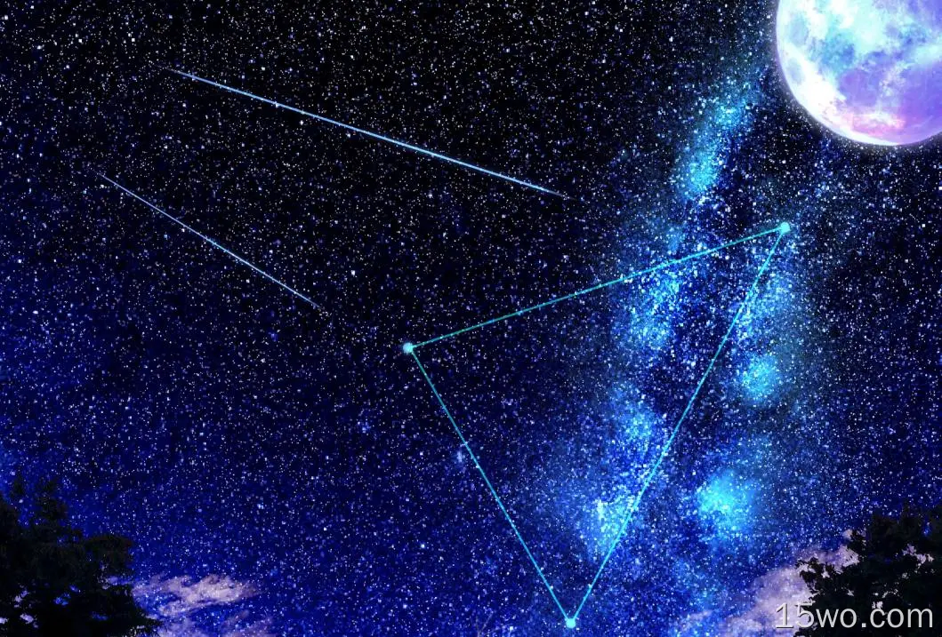 动漫 原创 Starry Sky Shooting Star 三角形 月亮 高清壁纸