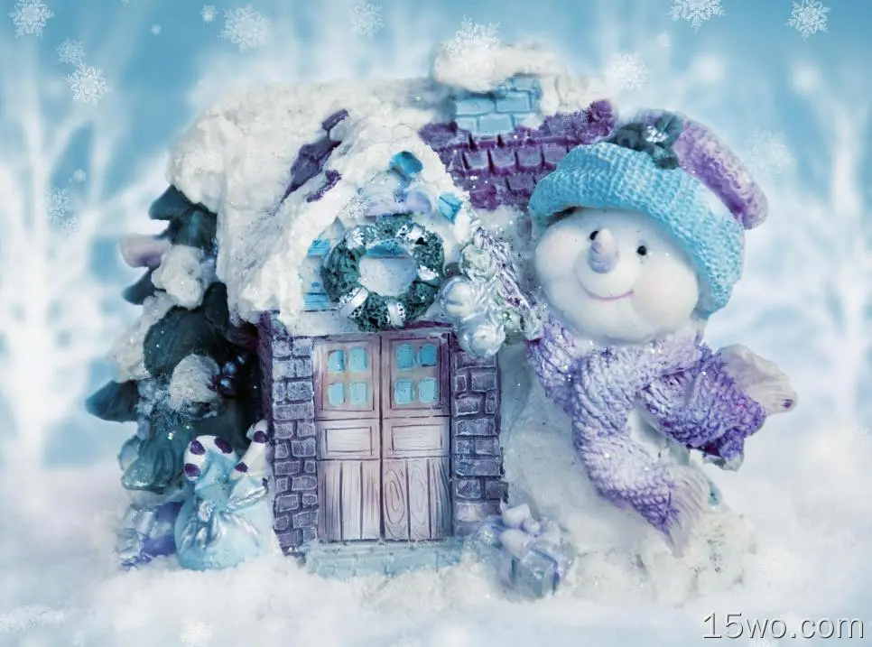 节日 圣诞节 雪人 房屋 冬季 蓝色 雪花 高清壁纸