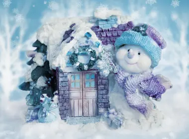 节日 圣诞节 雪人 房屋 冬季 蓝色 雪花 高清壁纸 4000x2969