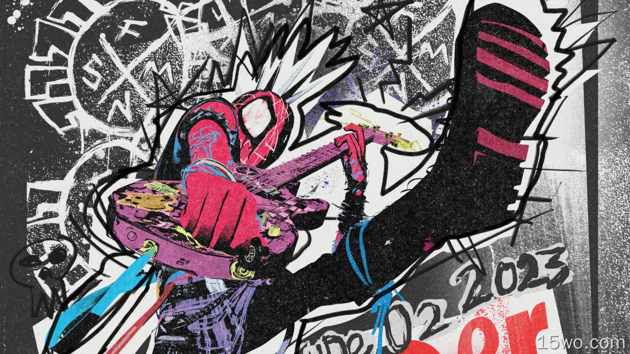 comics,Spider-Man: Across the Spider-Verse,Spider Punk,guitar,bodysuit,Spider-Man,musical instrument,fan art,superhero,digital art
