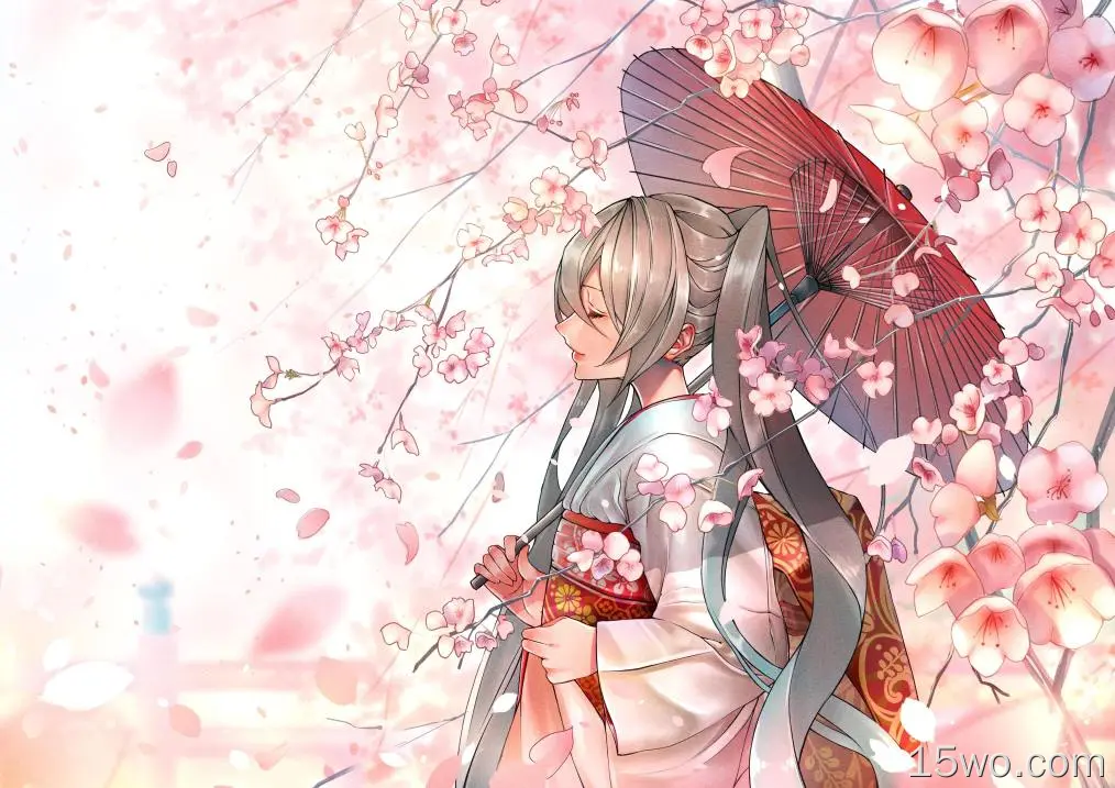 hatsune miku、和服、樱花、雨伞、人字