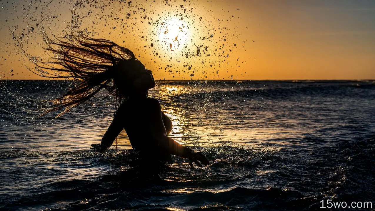 摄影 日落 Sea 海洋 太阳 Woman Silhouette 秀发 高清壁纸