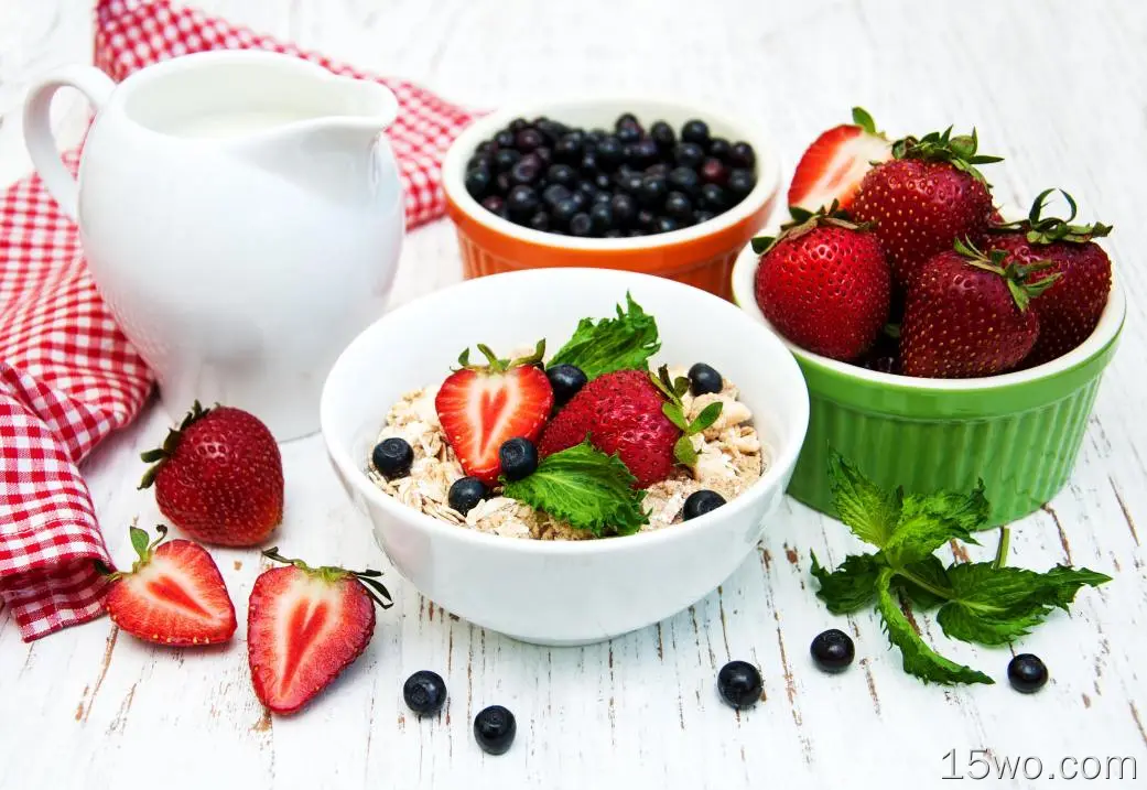 食物 早餐 草莓 蓝莓 Muesli 水果 浆果 高清壁纸