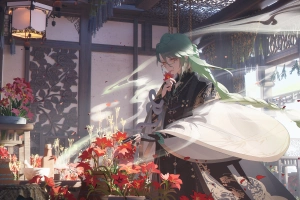 Genshin Impact,Baizhu (Genshin Impact),void_0,flowers,long hair,anime boys,glasses,smoke,petals  3360x1440