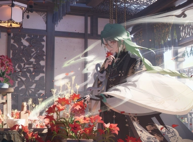Genshin Impact,Baizhu (Genshin Impact),void_0,flowers,long hair,anime boys,glasses,smoke,petals 3360x1440