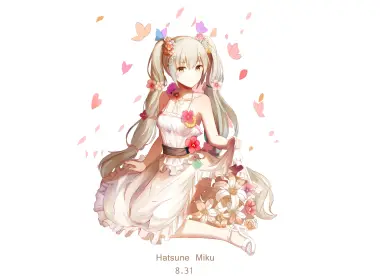 hatsune miku，白发，连衣裙，鲜花，人字 3556x2000