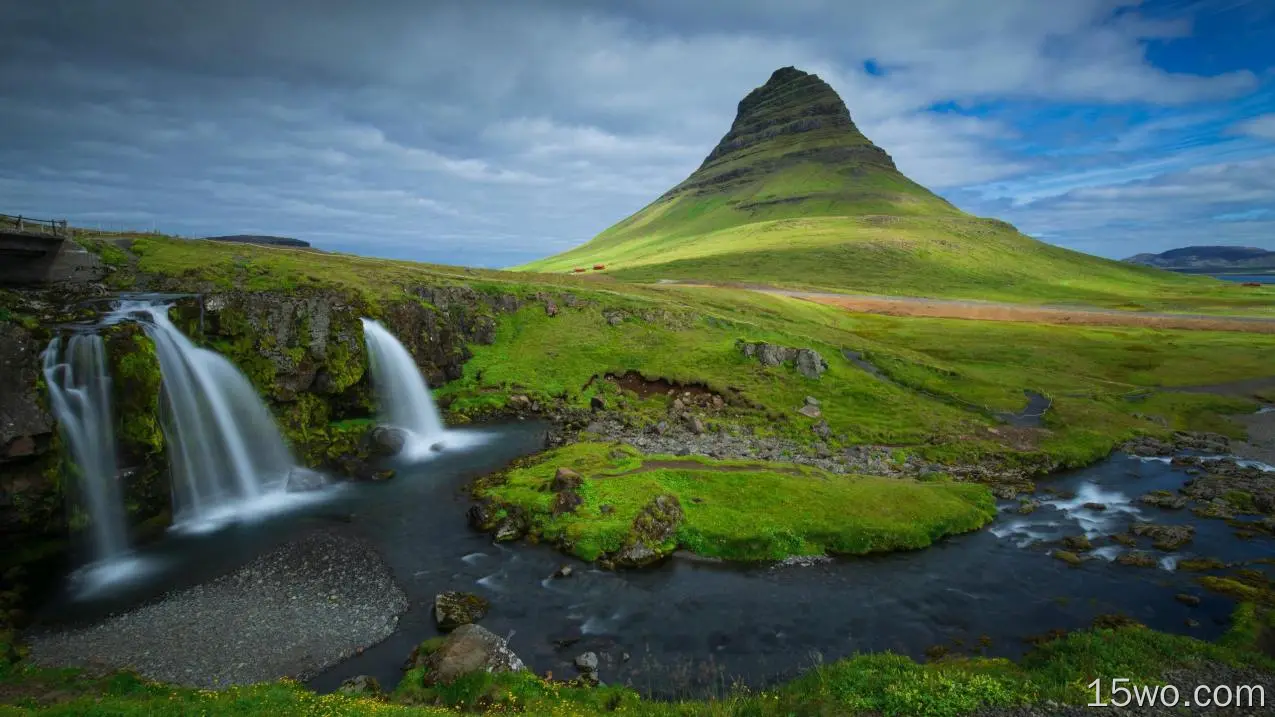 冰岛、瀑布、柯克朱菲尔、风景、绿地、云