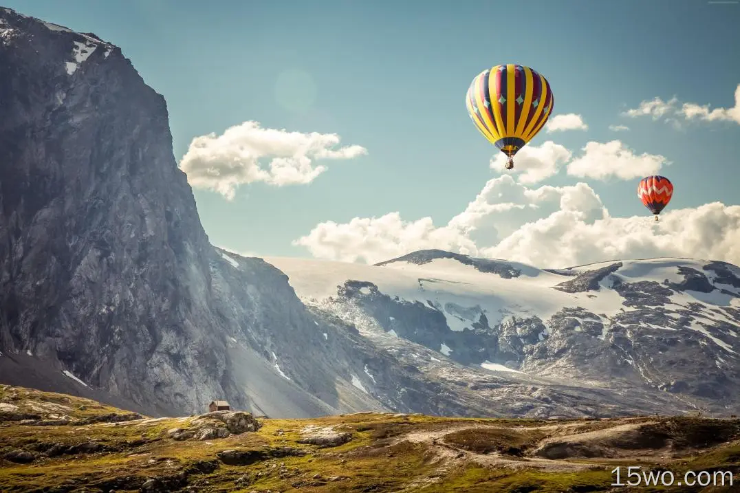 热气球、山、场、景、云、崖