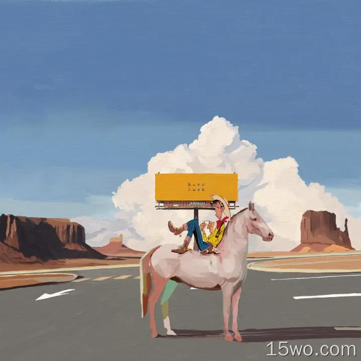 Tito Merello,digital art,artwork,illustration,landscape,Lucky Luke,clouds,rock formation,horse,animals,cowboy,road,cowboy hats,sky