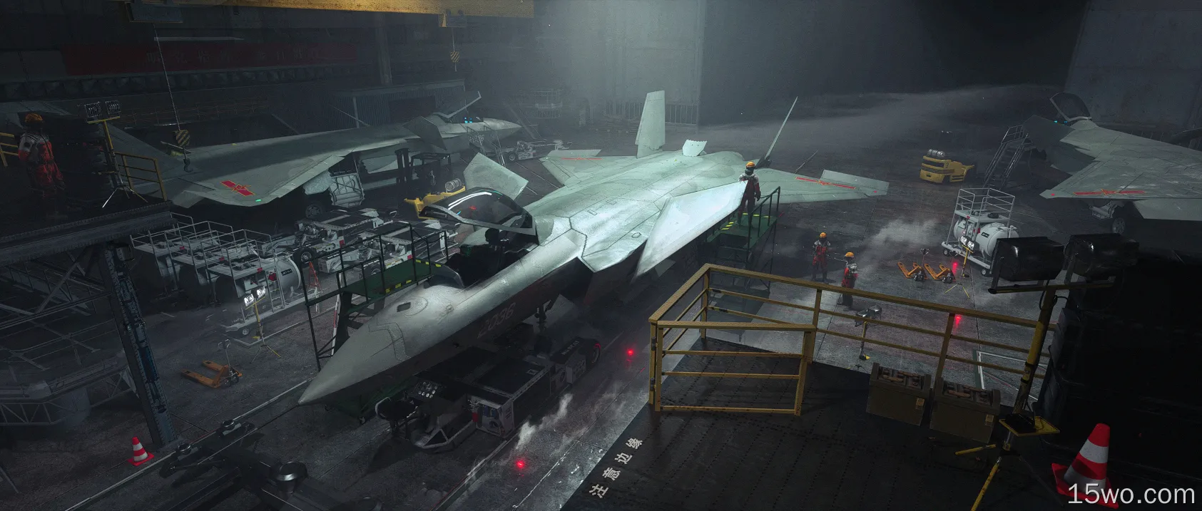 PLAAF,air force,aircraft,jet fighter,Chengdu J-20,CGI,hangar,Chinese Army,military,military aircraft,asian letter,white text