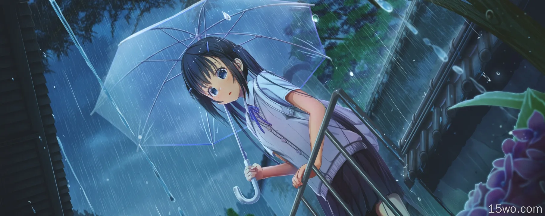 动漫女孩，下雨，透明伞，萝莉，蓝眼睛，短发，校服