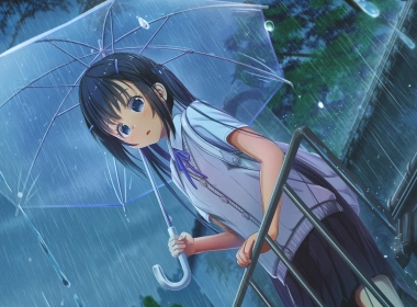 动漫女孩，下雨，透明伞，萝莉，蓝眼睛，短发，校服 3191x1265
