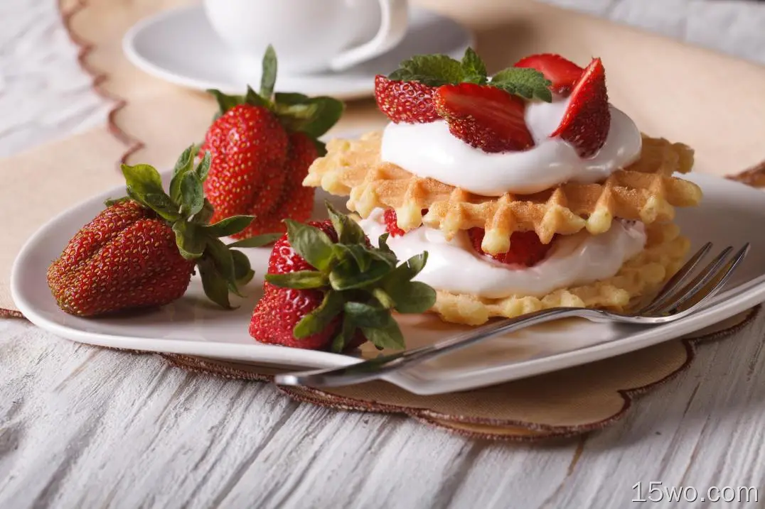 食物 早餐 华夫饼 Cream 草莓 高清壁纸