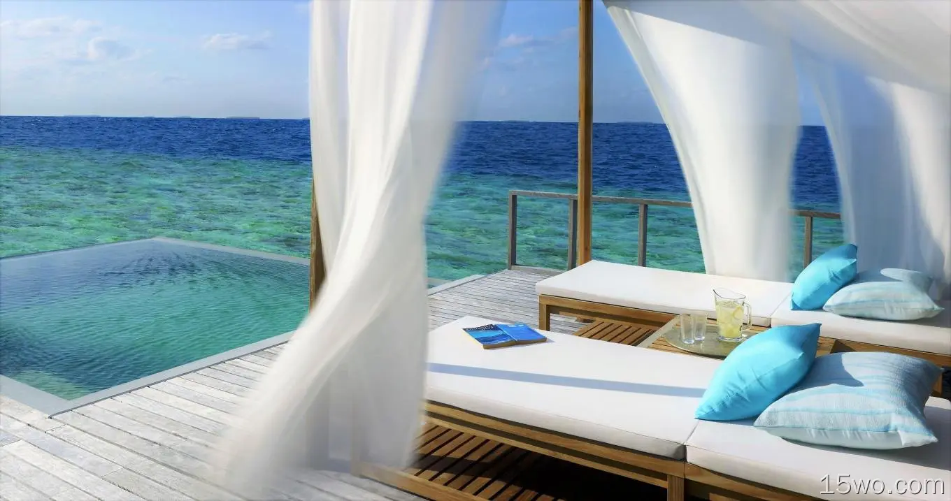 人造 度假酒店 Bed 海洋 Sea 游泳池 Curtain 高清壁纸