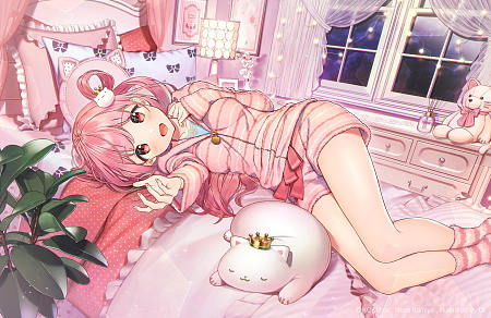动漫 原创 女孩 Pink Hair 猫 Lying Down 高清壁纸 4793x3105