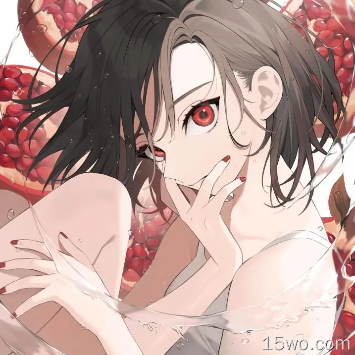 original characters,pomegranate,fruit,looking at viewer,anime girls,short hair,water,red eyes,wet
