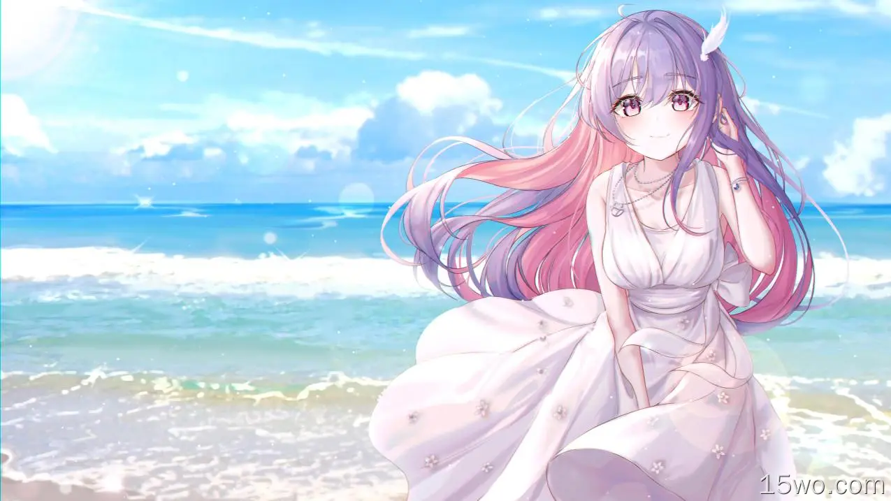 迷人的动漫女孩，白色连衣裙，微笑，紫色头发，海洋，地平线，波浪