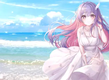 迷人的动漫女孩，白色连衣裙，微笑，紫色头发，海洋，地平线，波浪 6720x3780