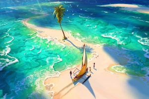 VSales，数字艺术，艺术品，插图，景观，大海，水，儿童，棕榈树，海滩，沙滩，帆船，船，Victor Sales  5000x3032