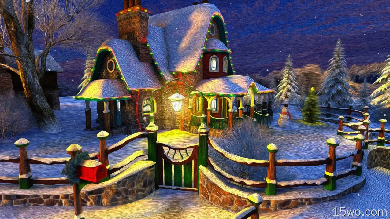舒适的房子，2018年圣诞节，门，栅栏，雪，冬天