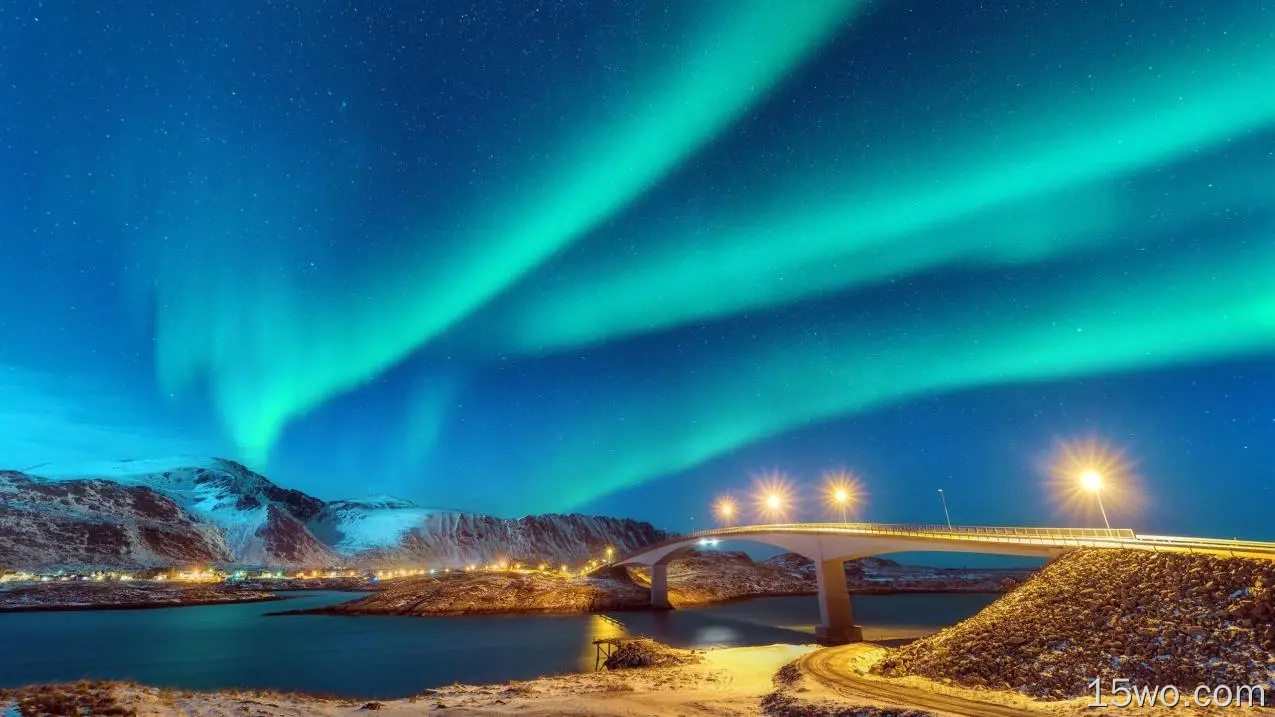 北极光、桥梁、北极光，风景、星空、夜晚