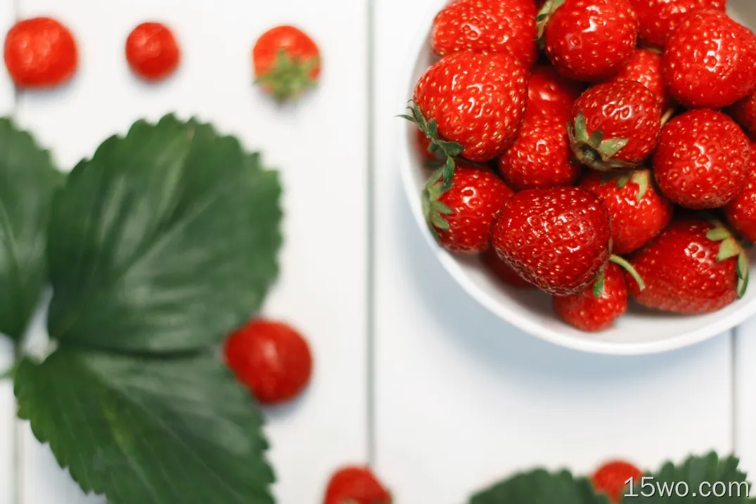 草莓，俯视图，碗，水果，叶子