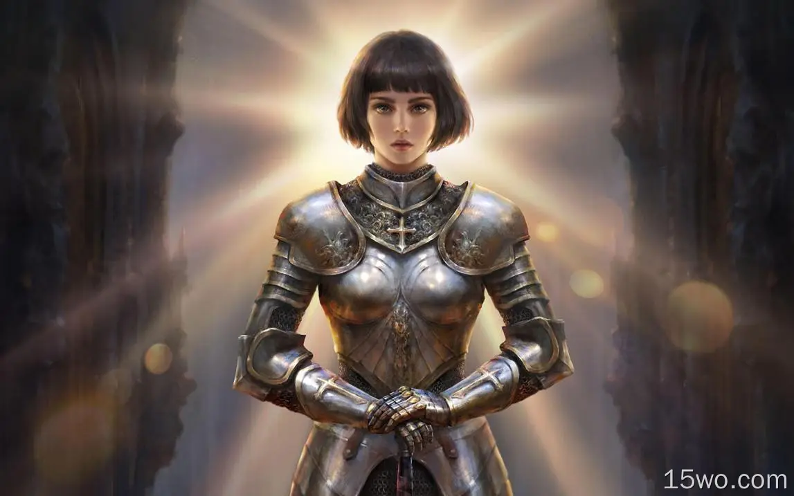 奇幻 骑士 Joan of Arc Armor Woman Warrior Short Hair Brown Hair 高清壁纸