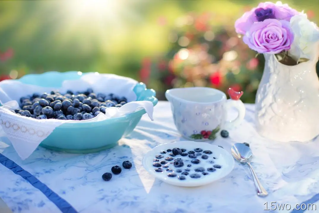 蓝莓、碗、花瓶、花、牛奶