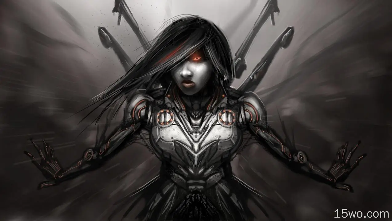 科幻 电子人 战士 Woman Warrior 武器 黑暗 高清壁纸