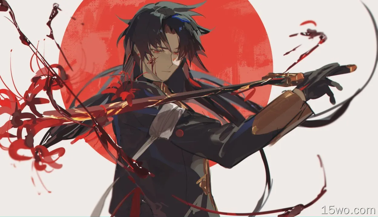 anime boys,sword,long hair,Honkai: Star Rail,gloves,flowers,weapon,blood,simple background,minimalism