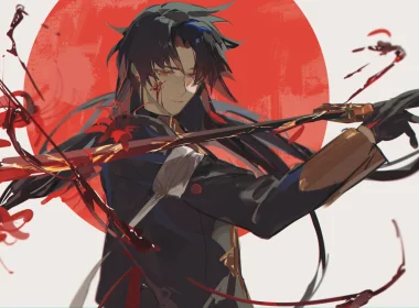 anime boys,sword,long hair,Honkai: Star Rail,gloves,flowers,weapon,blood,simple background,minimalism 2633x1512