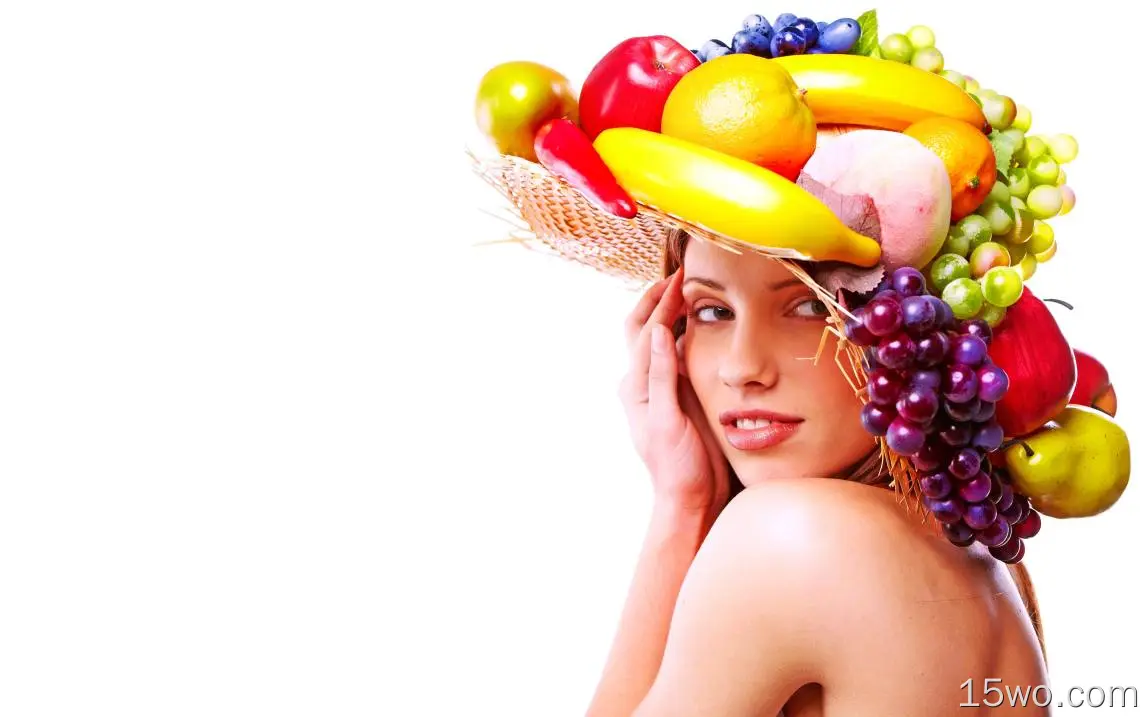 女性 美女 Hat 模特 面容 水果 Colorful 高清壁纸