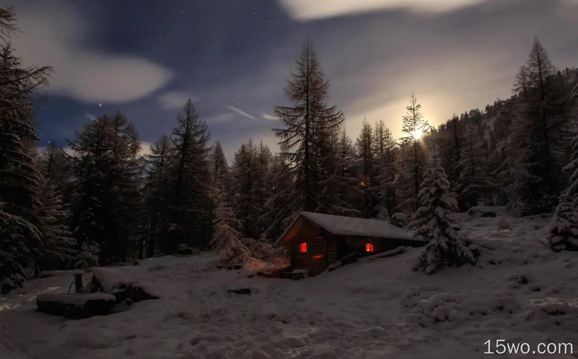 摄影 冬季 夜晚 Snow 树 木屋 光 高清壁纸