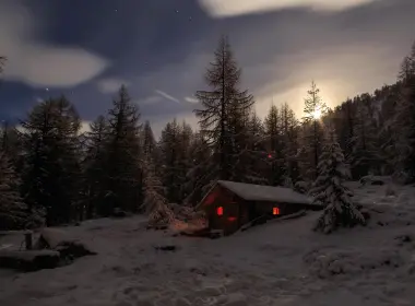 摄影 冬季 夜晚 Snow 树 木屋 光 高清壁纸 3602x2240