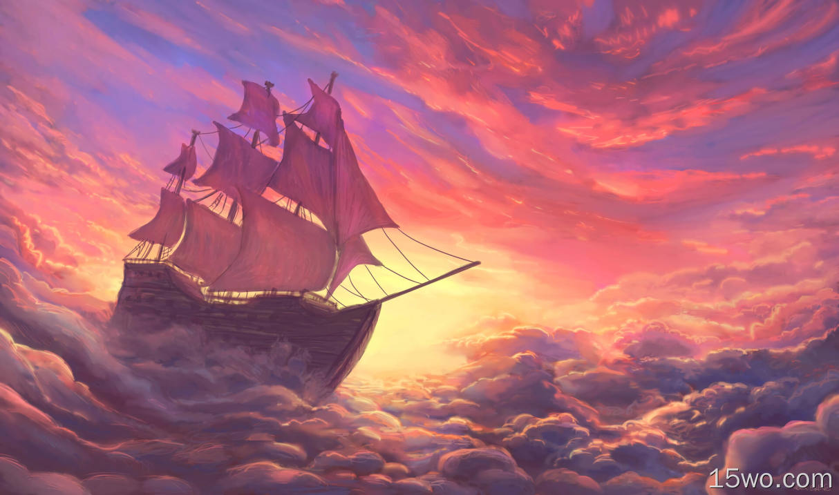 帆船、日落、橙色天空、波浪、风暴、艺术品