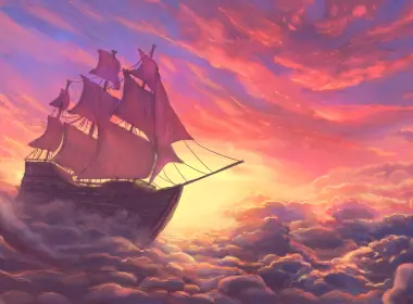 帆船、日落、橙色天空、波浪、风暴、艺术品 3840x2268
