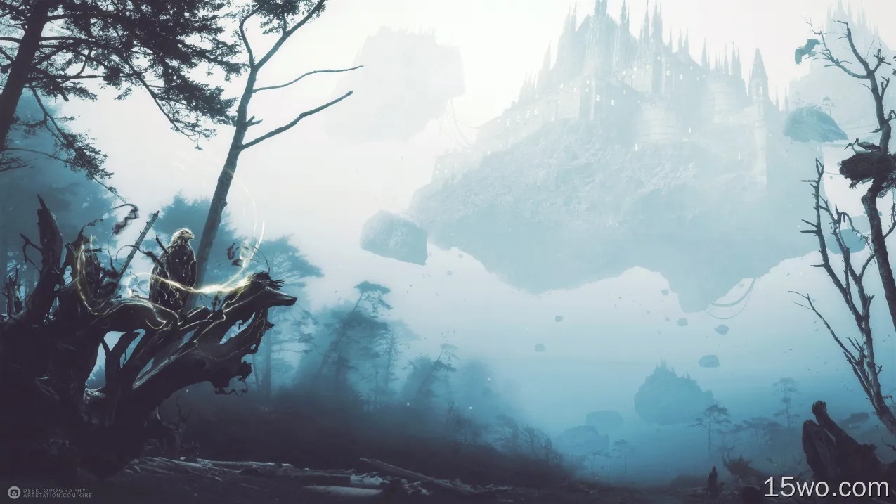 漂浮的城堡、薄雾、鹰
