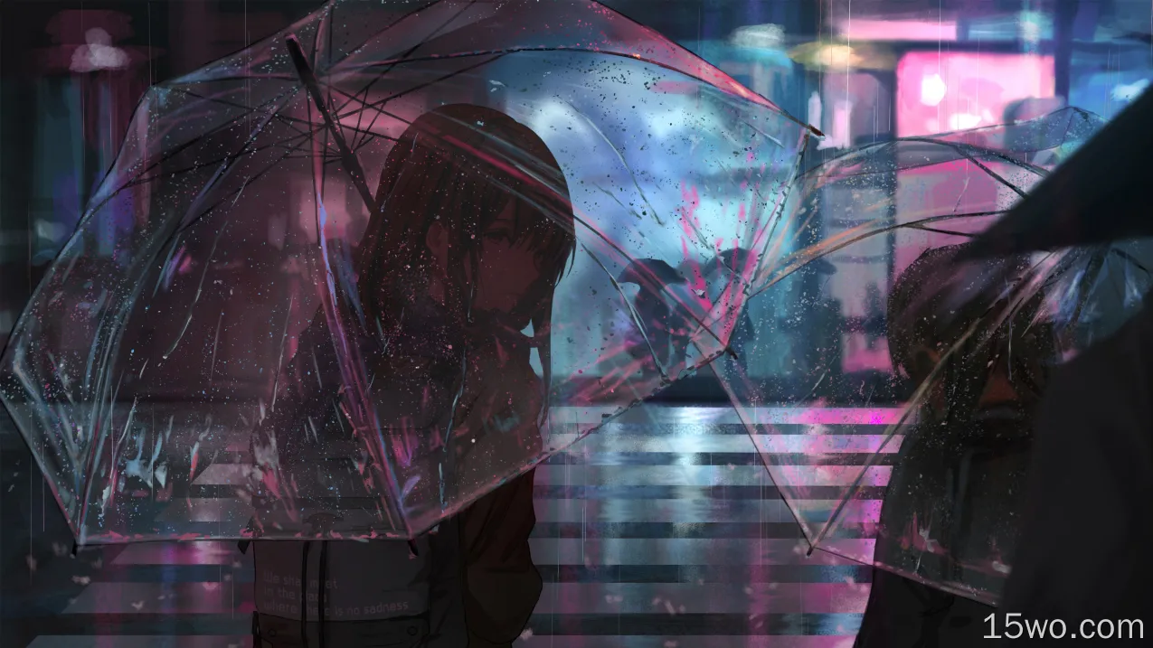 动画片女孩在雨中与伞4k壁纸