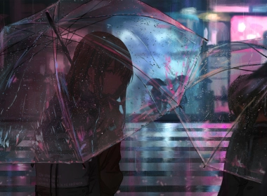 动画片女孩在雨中与伞4k壁纸 3840x2160