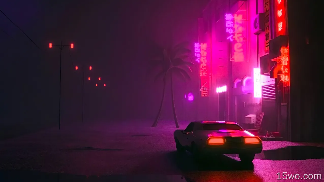 Synthwave Car On Street Wallpaper