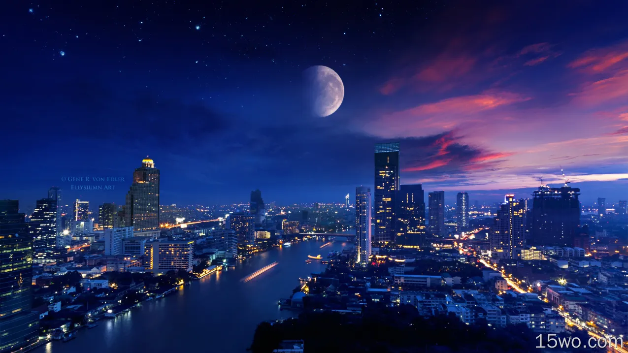 城市之光月亮充满活力的4k壁纸