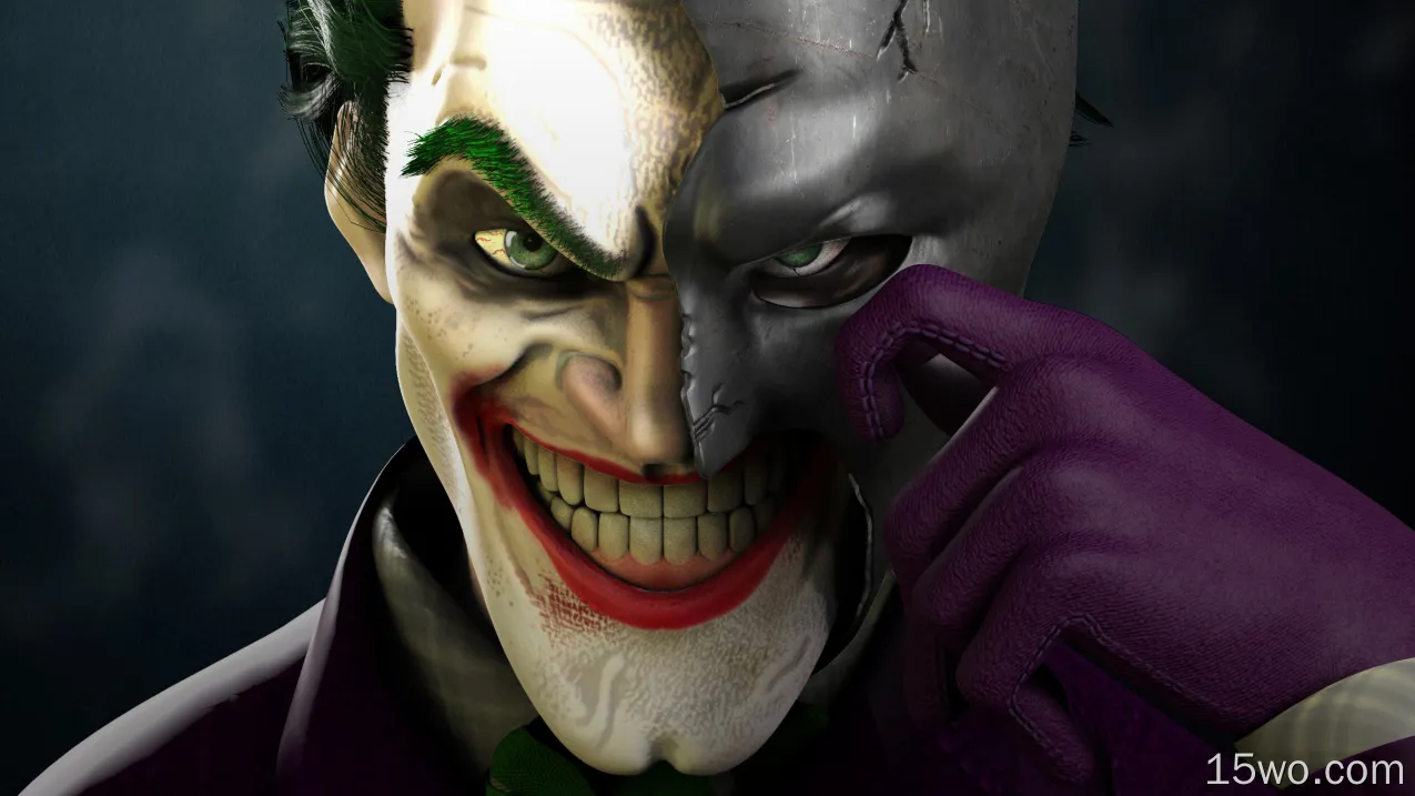 小丑穿着半蝙蝠侠面具壁纸