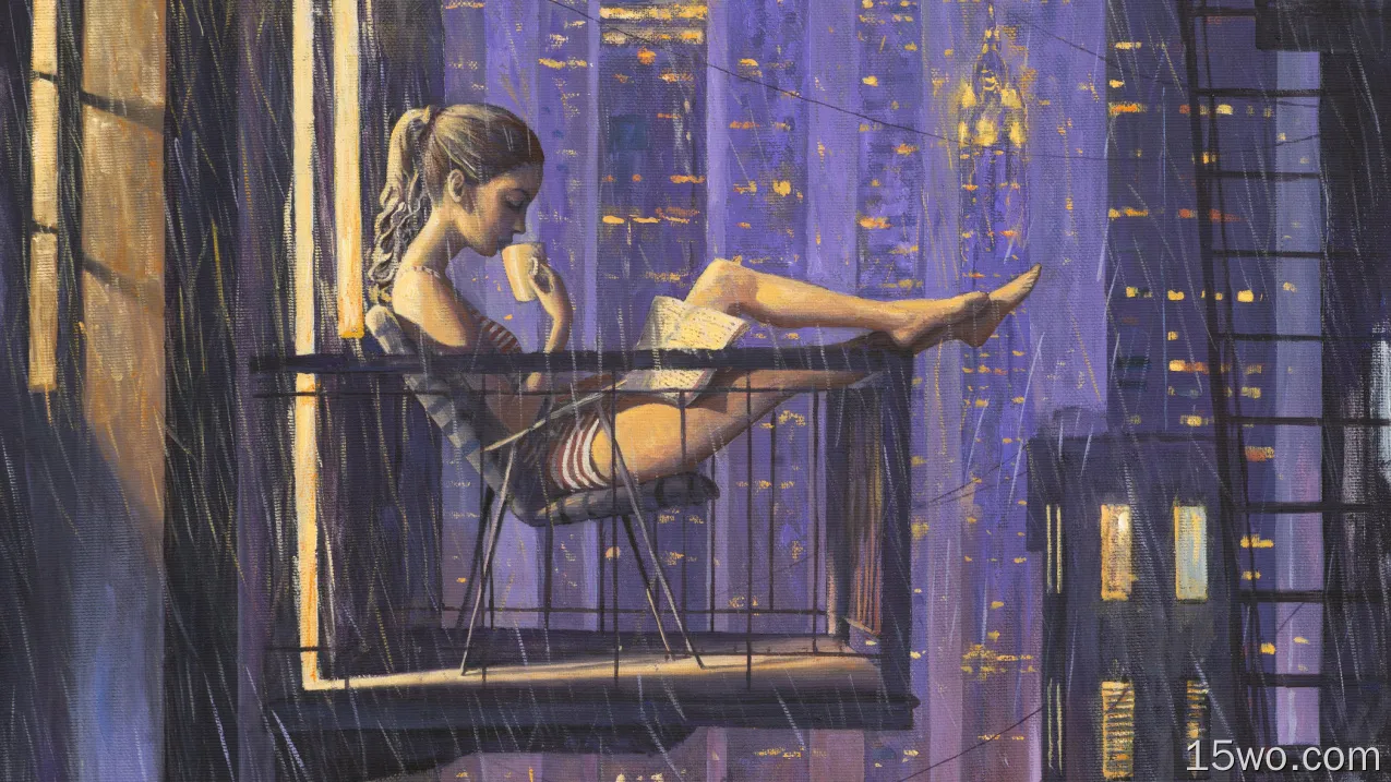 女孩阅读书饮用的咖啡，当坐阳台绘画壁纸时