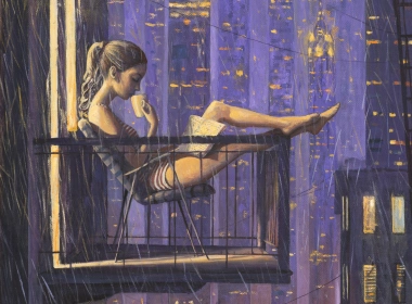 女孩阅读书饮用的咖啡，当坐阳台绘画壁纸时 2100x1181