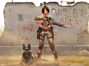短发动漫女孩与沿着狗4k壁纸的M110枪 3508x2480