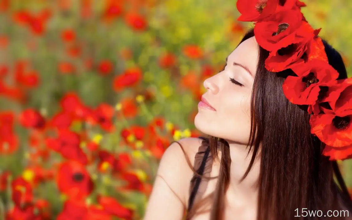 女性 情绪 Woman 模特 女孩 Wreath Red Flower Black Hair 高清壁纸