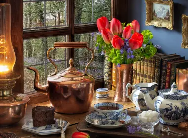 静物，红色郁金香，水壶，灯，窗口，茶，蛋糕，书籍 5120x2880