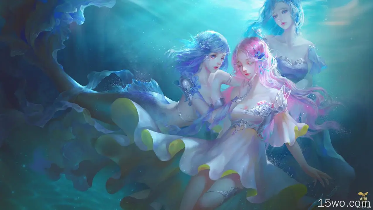 动漫 原创 女孩 Blue Hair Aqua Hair Pink Hair Underwater 人鱼 高清壁纸